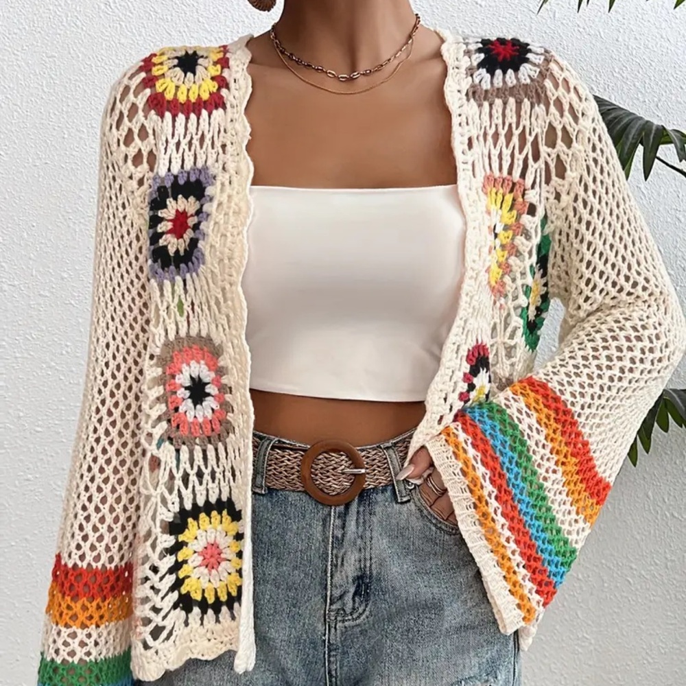 Crochet Rainbow 🌈 open Knit crochet Cardigan Sweater with Big Bell Sleeves